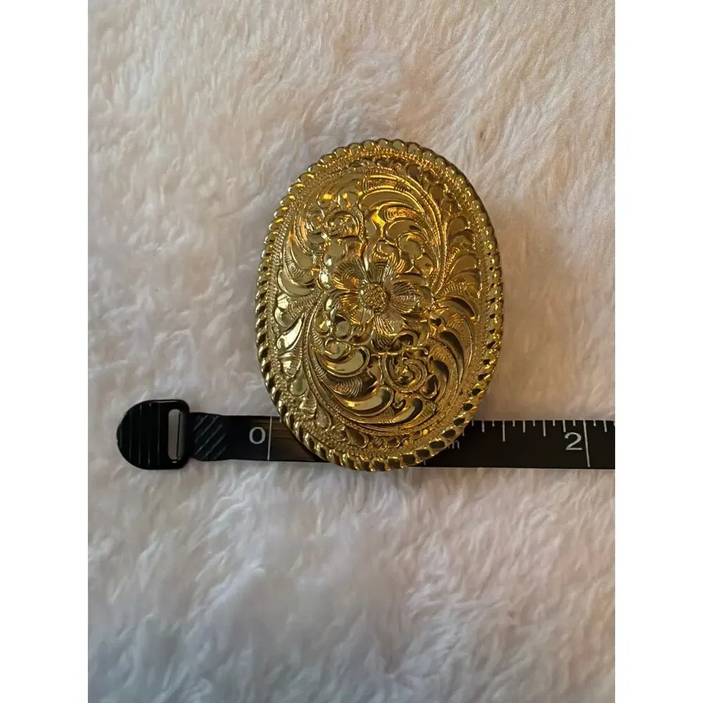 Vintage Crumrine Inc. Gold Tone Floral Engraved Western Oval Belt Buckle USA